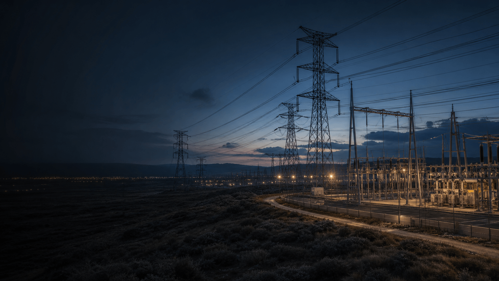 High-voltage transmission corridor and utility substation at blue hour